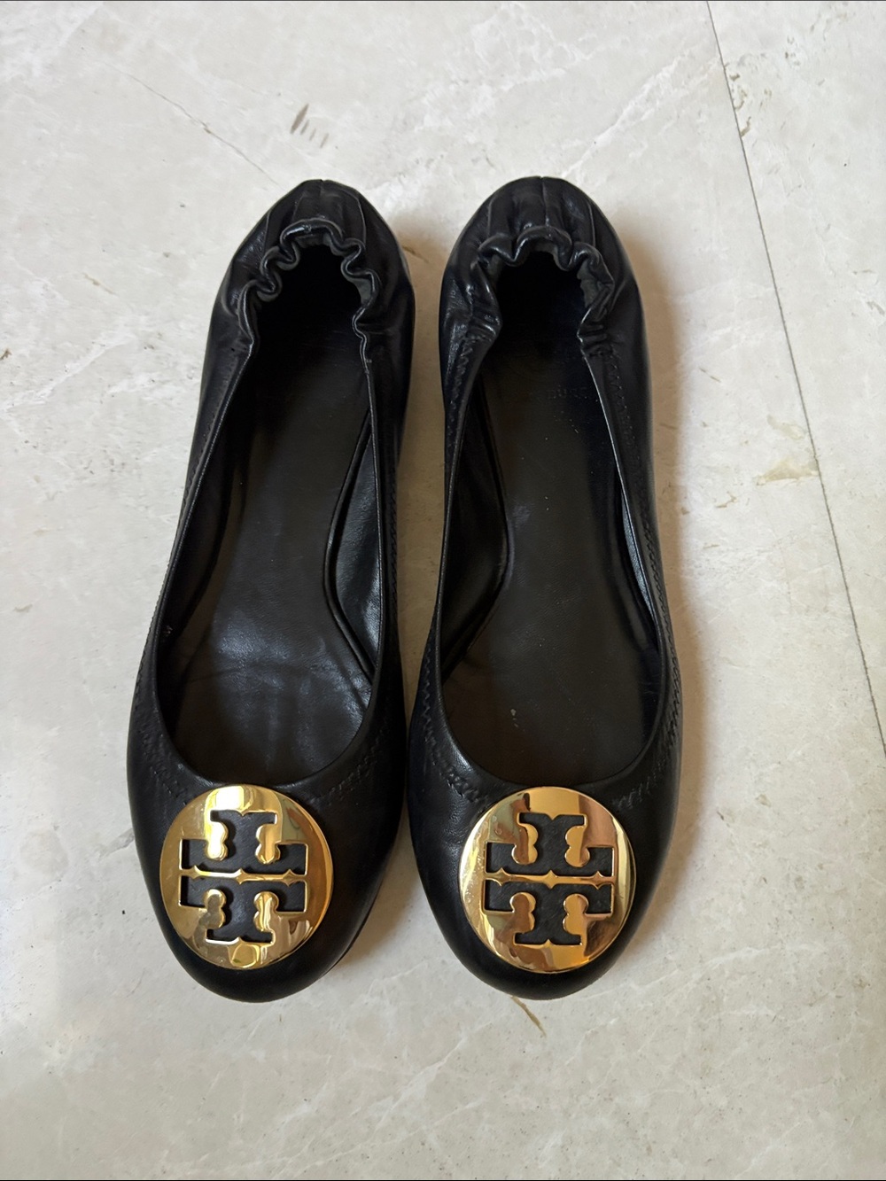 Tory Burch Black Leather Logo Round-Toe Ballet Flats with Gold Medallions